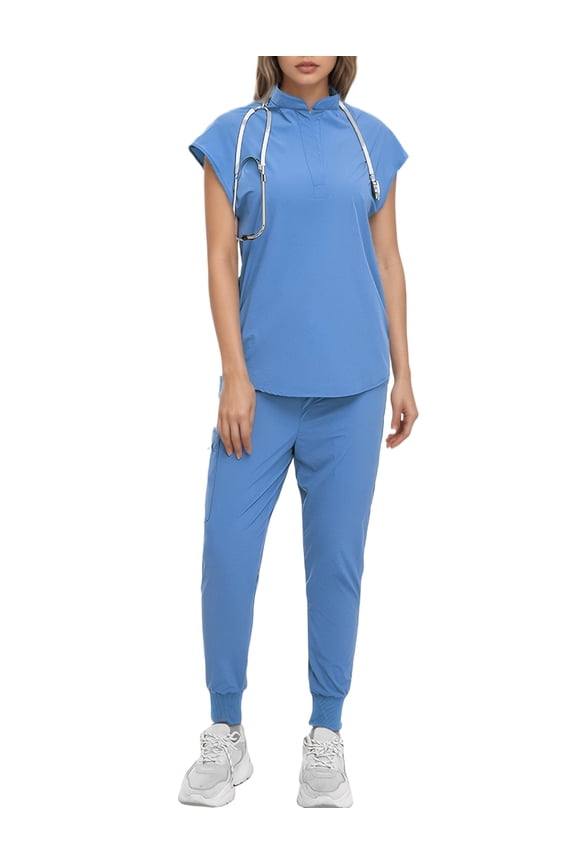 Comfort Fit Nurse Workwear Womens Medical Uniform Standing Collar Nurse Uniform Quick Drying Nursing Uniforms Stretch Work Uniform with 6 Pockets Sky Blue 2XL