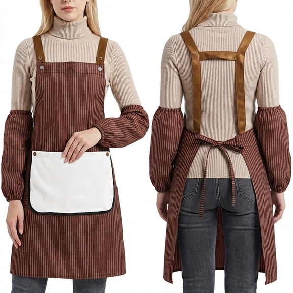 HonorHut Cooking Apron with Sleeve Protectors H Back Striped Apron Adjustable Strap Aprons for Kitchen Family Coffee