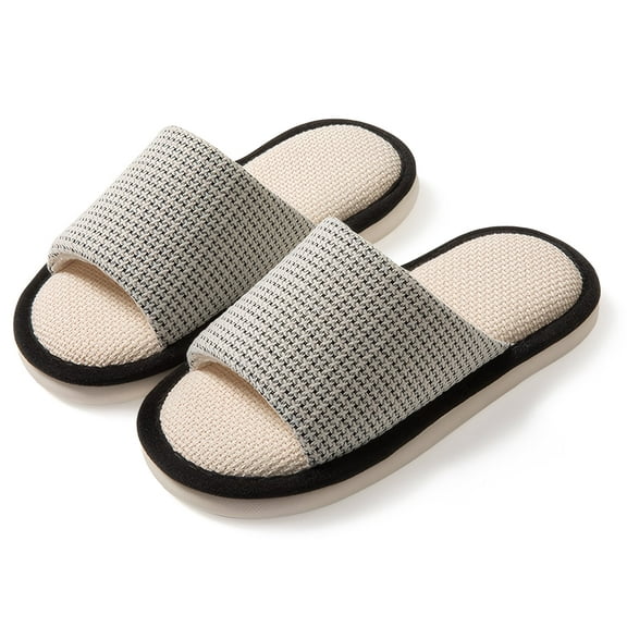 HonorHut Cotton Linen Slippers Lightweight Open Toe Shoes Waffle Fabric Slide Breathable Indoor Slipper Nonslip Flat Slides Shoe Black
