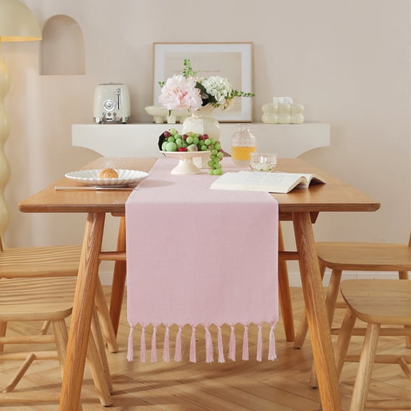 HonorHut Farmhouse Table Runners with Tassels Decorative Vintage Tablerunner Soft Bohemian Table flag Washable Tablecloth 13x56Inch Pink
