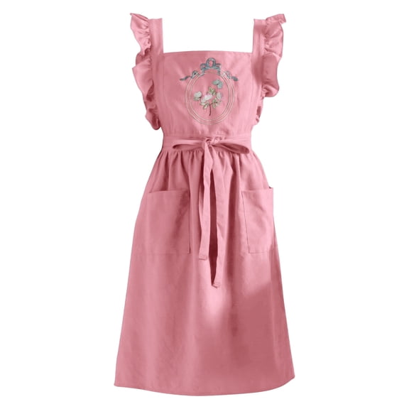 HonorHut Floral Kitchen Apron with Shoulder Straps Vintage Ruffle Cooking Apron 2 Large Pockets Floral Embroidery Pattern Pinafore Apron Pink