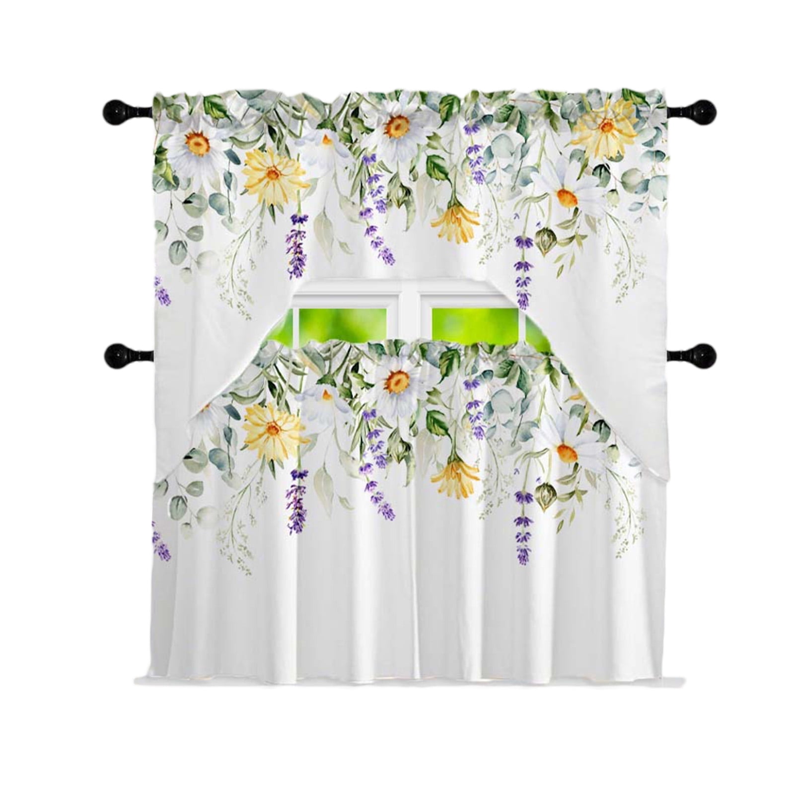 HonorHut, Floral Kitchen Curtains Sets, Daisy Yellow, 2 Tiers - Walmart.com