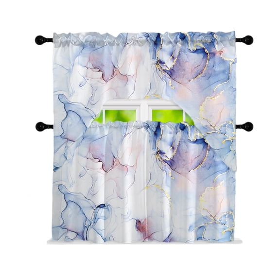 HonorHut Floral Kitchen Curtains Sets 2 Tiers Light Filtering Pocket Valances Decorative Leaf Printing Drapes Curtain Valance and Tier Set Ink Blue
