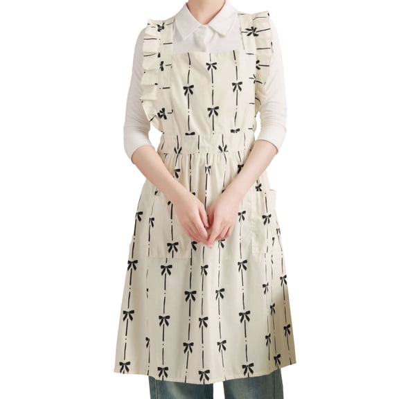 HonorHut Flower Bow Tie Apron Lace Apron with 2 Large Pockets Adjustable Waist Belt Pinafore Stain-Resistant Bib Apron for Kitchen Garden Painting Beige