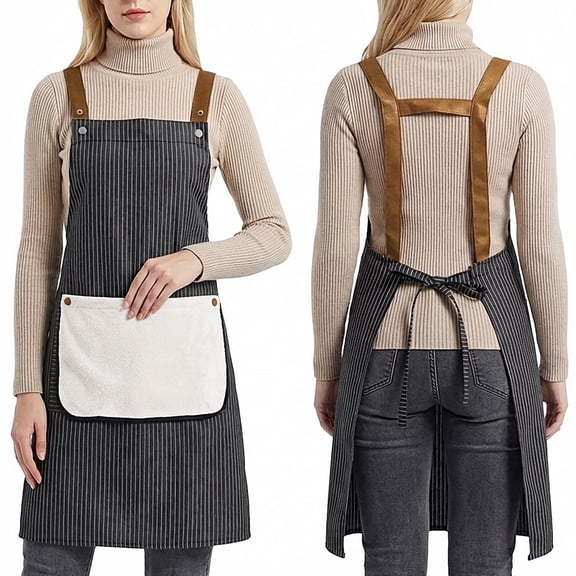 HonorHut H Back Stripes Apron with Removable Towel Pockets Waterproof Kitchen Pinafore Adjustable Strap Aprons for Cooking Black