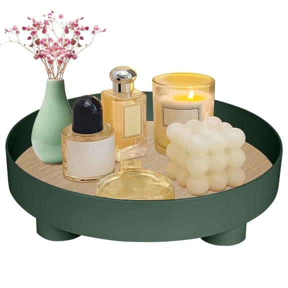 HonorHut Home Decorative Tray Countertop Organizer Tabletop Display Round Pallet Multi Functional Storage Trays Circle Pedestal Stand Green