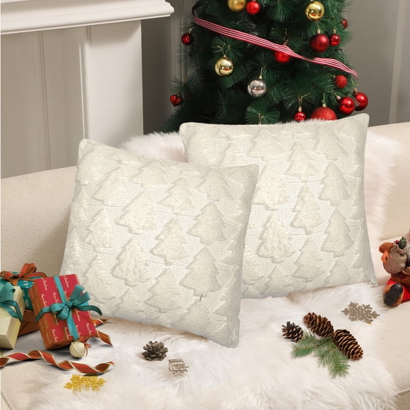 HonorHut Jacquard Pillow Covers Embroidered Christmas Tree Throw Pillow Covers Plush Faux Fur Square Cushion Cover Soft Pillowcase Protector 1 Pack White 18x18 Inch