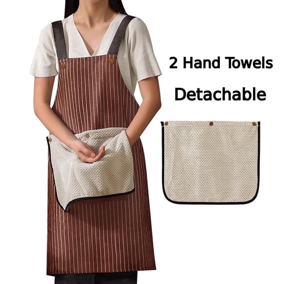 HonorHut Kitchen Apron with 2 Towels Waterproof Striped Pinafore Cooking Bib Apron with Pockets for Cooking Grilling BBQ Brown