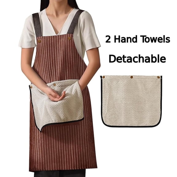 HonorHut Kitchen Apron Waterproof Striped Pinafore with 2 Removable Hand Towels Cooking Bib Aprons Cross Back Chef Pinny for Women Men Brown
