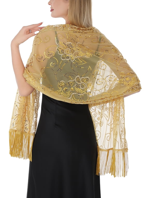 Long Sequin Shawl Wraps for Women, Lightweight Sheer Mesh Evening Cape with Fringe, Sparkly Beaded Scarf for Party Wedding Casual, One Size Fits All,Golden