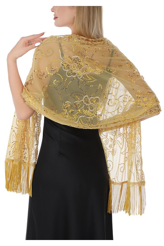 Long Sequin Shawl Wraps for Women, Lightweight Sheer Mesh Evening Cape with Fringe, Sparkly Beaded Scarf for Party Wedding Casual, One Size Fits All,Golden
