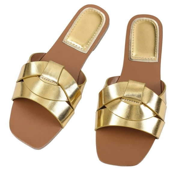 HonorHut Open Toe Slippers Lightweight Flat Shoes Women's Woven Slide Sandals Comfortable Square Shoes Summer Beach Slides Size 7.5 Golden