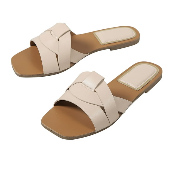 HonorHut Open Toe Slippers Lightweight Flat Shoes Women's Woven Slide Sandals Comfortable Square Shoes Summer Beach Slides Size 7.5 Skin Color