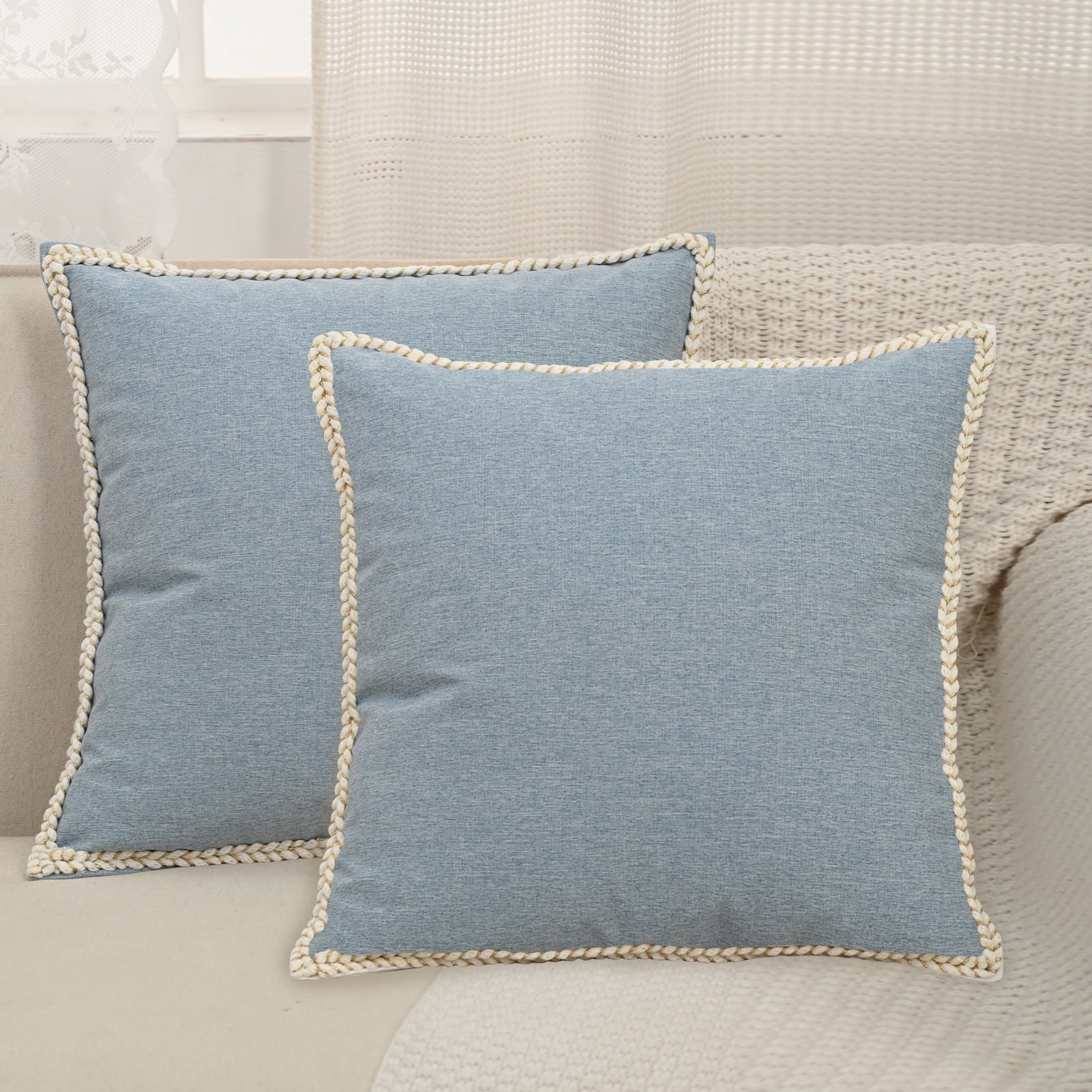 HonorHut Outdoor Throw Pillow Covers 18x18 Inch Decorative Sofa Pillow Covers 2 Pieces Colourful Cotton Linen Pillow Case with Stitched Edge Blue
