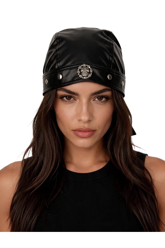 PU Leather Biker Skull Cap Classic Fashion Leather Biker Hat Adjustable Back Strap Motorcycle Headscarf for Men and Women Circular Skull Style
