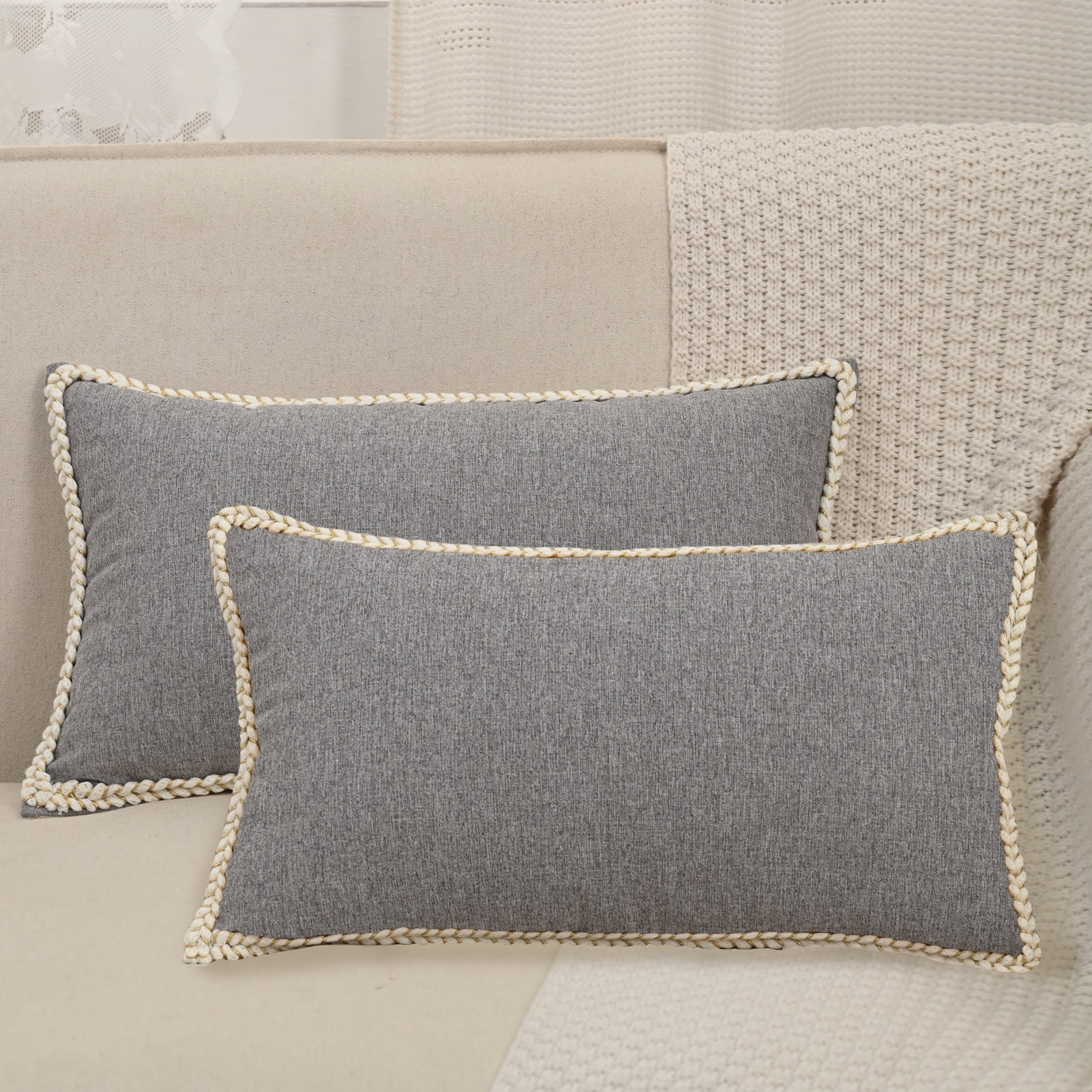 HonorHut Pack of 2 Throw Pillow Covers 12x20 inch Modern Farmhouse Decorative Pillowcases Outdoor Cushion Cover Grey