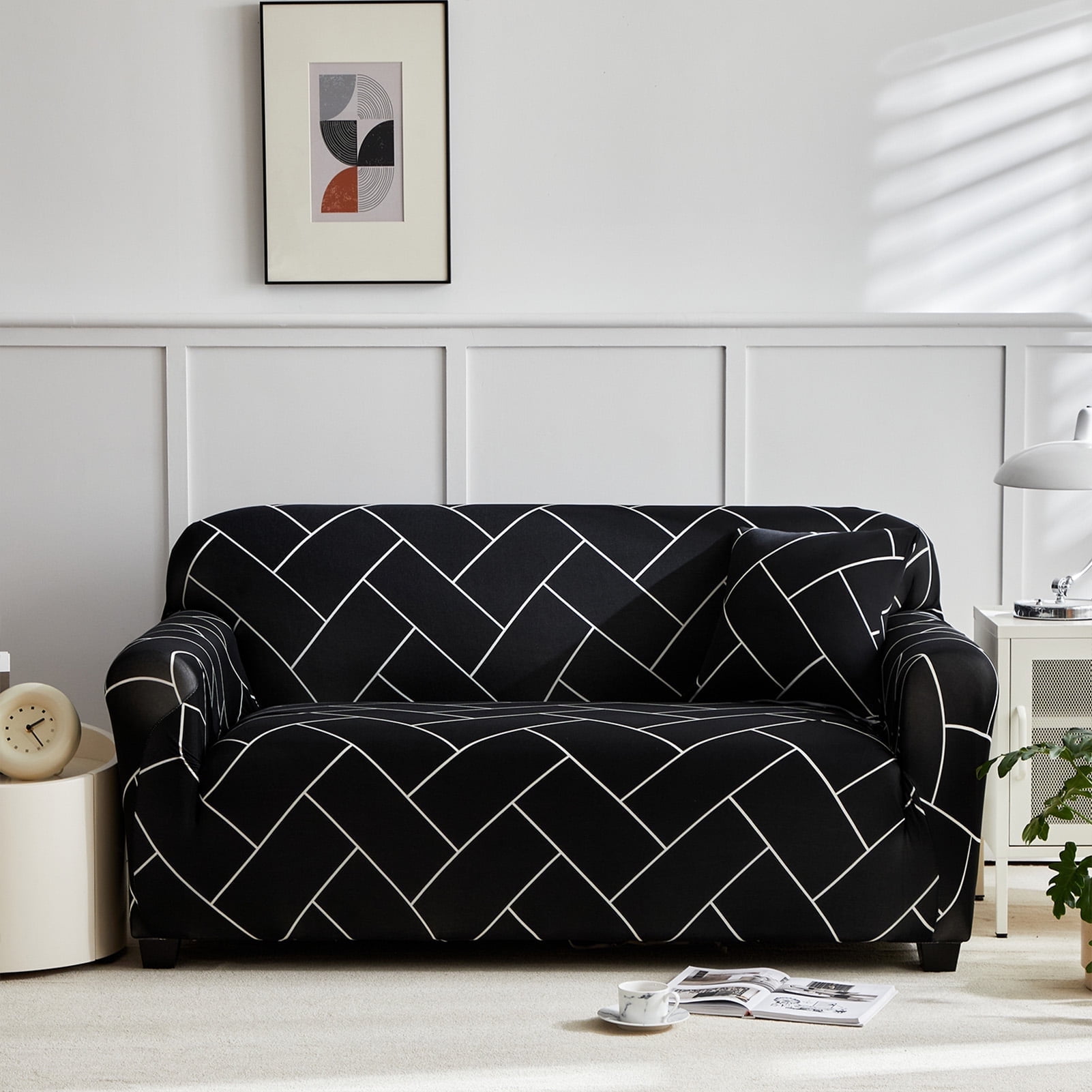 HonorHut Patterned Couch Cover High Strength Stretch Sofa Cover 4 Seater Printed Washable Slipcovers Modern Fashion Universal Furniture Protector Black White