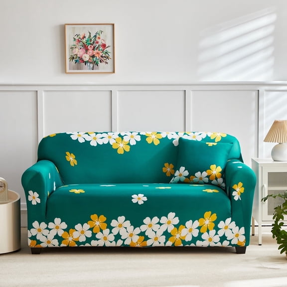 HonorHut Patterned Couch Cover High Strength Stretch Sofa Cover 4 Seater Printed Washable Slipcovers Modern Fashion Universal Furniture Protector Dark Green