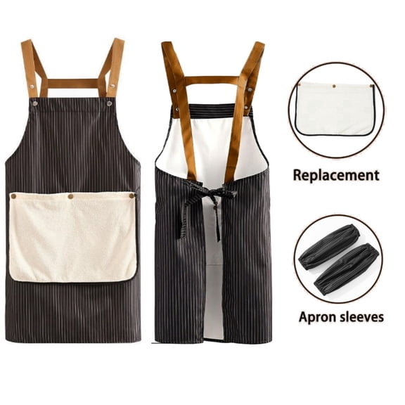 HonorHut Pinafore with 2 Detachable Towel Kitchen Cooking Aprons Waterproof Stripes Apron Suitable for Family Restaurant Black