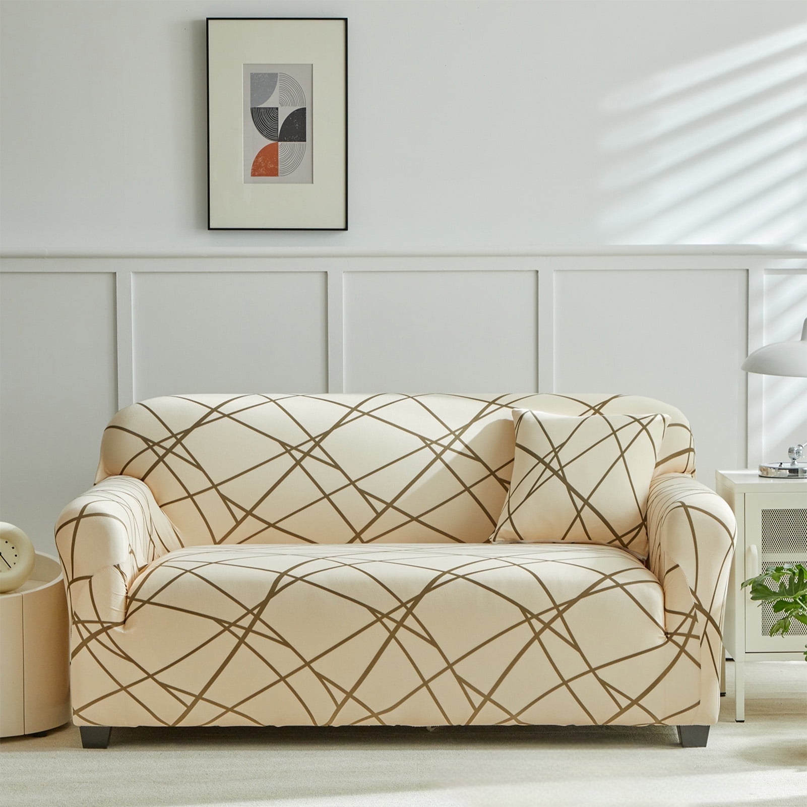 HonorHut Printed Sofa Cover Full Wrap Stretch Couch Covers Polyester Loveseat Non-Slip Slipcovers Washable Sofa Throw for Pet Hair Spill Resistance Sofa Clothes Cover Apricot