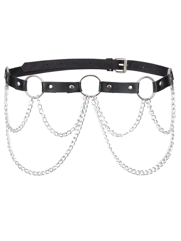 Punk Belts for Women Gothic Style Chain Rivet Two Layers Waist Strap Decorative Leather Punk Pants Clothes Accessory Black
