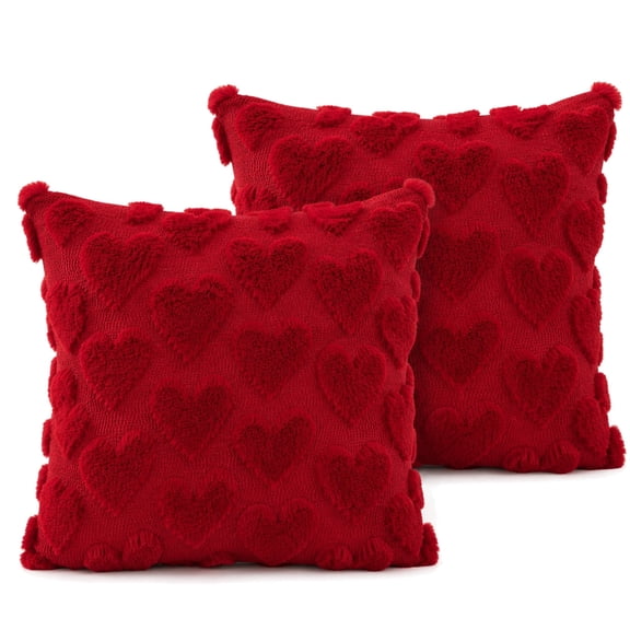 HonorHut Red Heart Pillow Covers 18x18 Inch Set of 2 Soft Plush Faux Fur Jacquard Cushion Case for Bedroom Sofa Couch