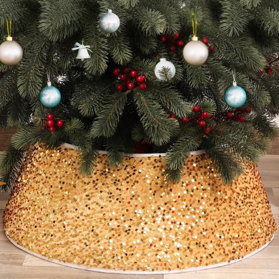HonorHut Sequin Christmas Tree Collars Sparking Vintage Tree Skirt Round Tree Base Decorative Tree Stand Cover for Holiday Ornaments 15.7x23.6x7.9Inch Gold