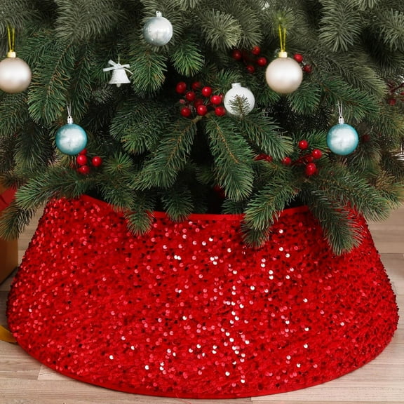 HonorHut Sequin Christmas Tree Collars Sparking Vintage Tree Skirt Round Tree Base Decorative Tree Stand Cover for Holiday Ornaments 15.7x23.6x7.9Inch Red