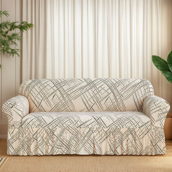 HonorHut Sofa Slipcover with Ruffle Skirt Printed Elastic Full Couch Cover Universal Washable Sofa Cover 1 Seater 35x55 Inch Beige