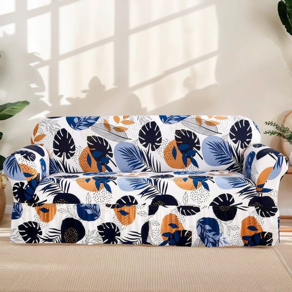 HonorHut Sofa Slipcover with Ruffle Skirt Printed Elastic Full Couch Cover Universal Washable Sofa Cover 1 Seater 35x55 Inch Blue Orange