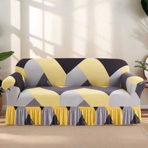 HonorHut Sofa Slipcover with Ruffle Skirt Printed Elastic Full Couch Cover Universal Washable Sofa Cover 1 Seater 35x55 Inch Yellow Gray