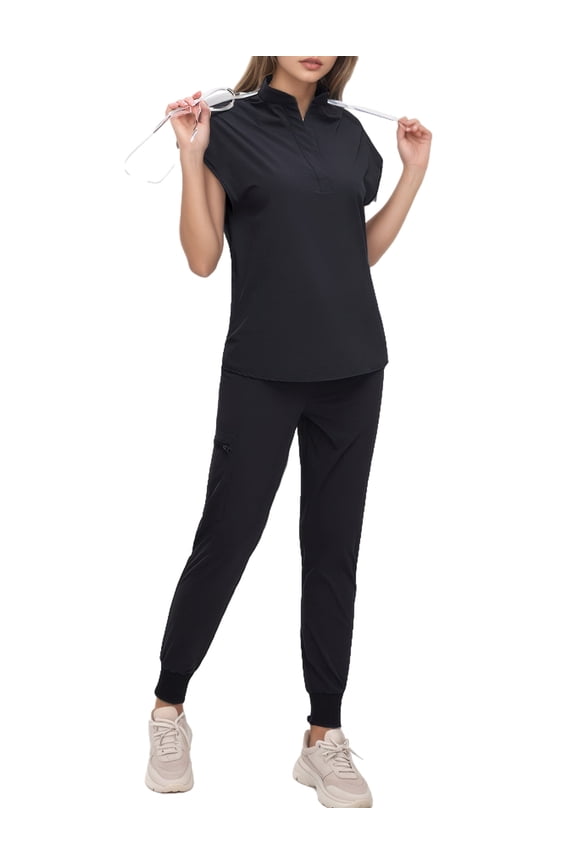 Standing Collar Nurse Uniform Soft Stretch Medical Uniforms Washable Work Uniform Comfort Fit Nurse Workwear Quick drying Nursing Uniforms Black S