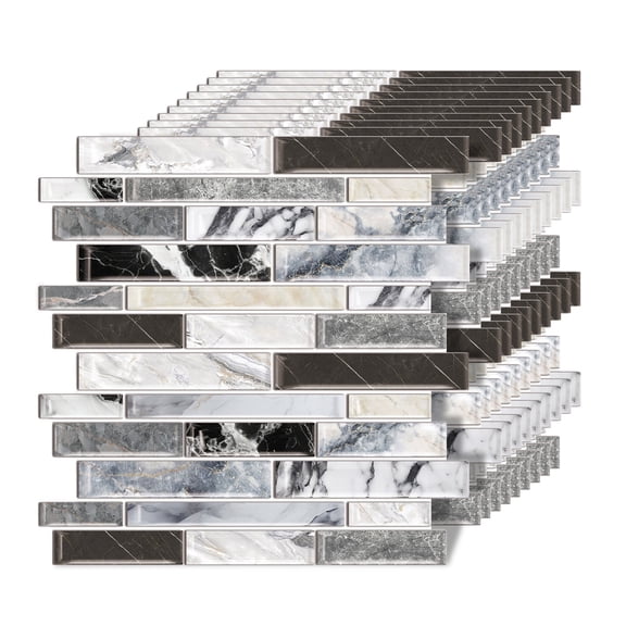 HonorHut Strip Wall Tiles Waterproof Sticker Tiles Stick Backsplash Tile Sticker Interlocking Strip Wall Papers Marble Look Decorative Tiles 12x12Inch 10 Pieces White Grey