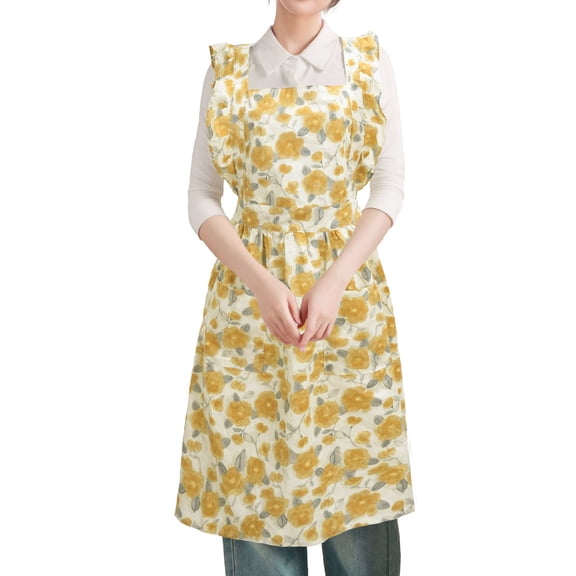 HonorHut Vintage Floral Apron with Ruffle Adjustable Waist Belt Pinafore Kitchen Apron with 2 Pockets for Cooking Baking Drawing Pink