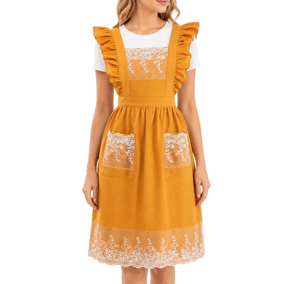 HonorHut Vintage Lace Ruffle Apron Cross Back Aprons Cute Adjustable Pinafore Dress with Pockets for Kitchen Cooking Baking Gardening Ginger Yellow