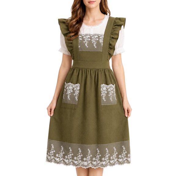 HonorHut Vintage Lace Ruffle Apron Cross Back Aprons Cute Adjustable Pinafore Dress with Pockets for Kitchen Cooking Baking Gardening Green