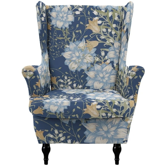 HonorHut Wing Back Chair Covers Printed Armchair Seat Cover Stretch Wing Chair Slipcover Universal Furniture Protector with Elastic Bottom Deep Blue
