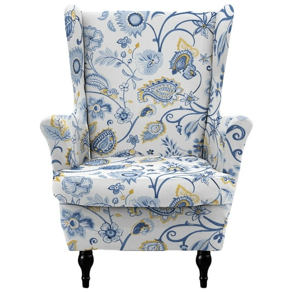 HonorHut Wing Back Chair Slipcovers Armchair Cover 2-Piece Set Stretch Wing Chair Slipcover Printed Washable Cover for Chairs Non-Slip Furniture Cover Blue