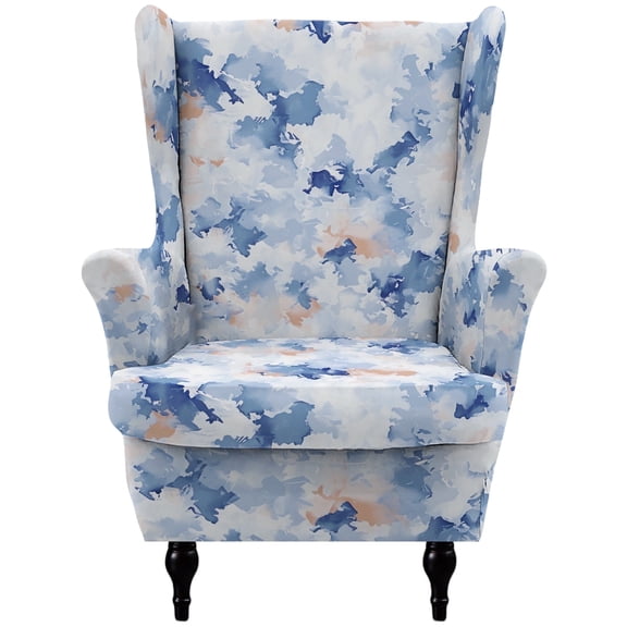 HonorHut Wing Back Chair Slipcovers  2-Piece Set Stretch Wing Armchair Cover Printed Washable Covers for Chairs Non-Slip Furniture Protector Blue White