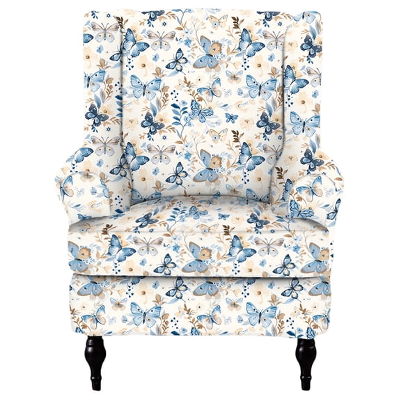 HonorHut Wing Back Chair Slipcovers Stretch Printed Armchair Slipcovers Soft Washable Wing Back Chair Cover Jacquard Furniture Protector Yellow Blue