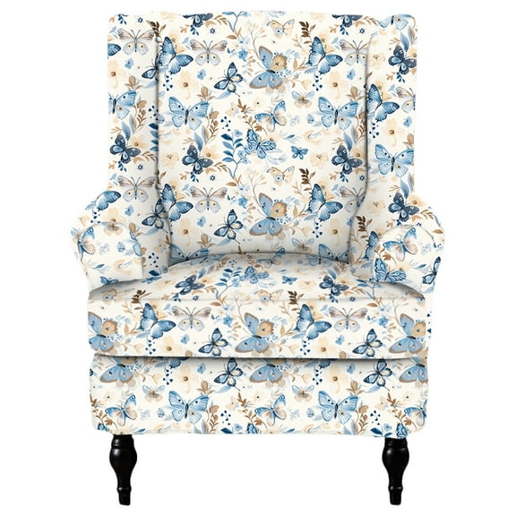 HonorHut Wing Back Chair Slipcovers Stretch Printed Armchair Slipcovers Soft Washable Wing Back Chair Cover Jacquard Furniture Protector Yellow Blue