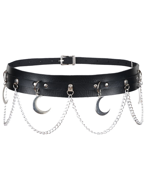 Women's Waist Chain Adjustable Metal Belt Chains Leather Rivet Pants Chain with Decorative Detachable Links Moon Style Black