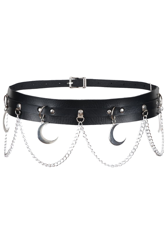 Women's Waist Chain Adjustable Metal Belt Chains Leather Rivet Pants Chain with Decorative Detachable Links Moon Style Black