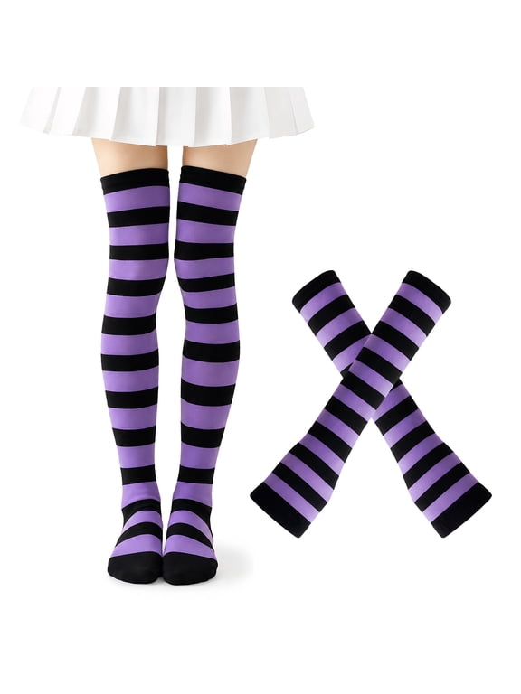Women's Wide Stripe Thigh High Socks Set Over-the-Knee Knitted Stockings with Fingerless Gloves Punk Gothic Costume Accessories Black Purple Striped