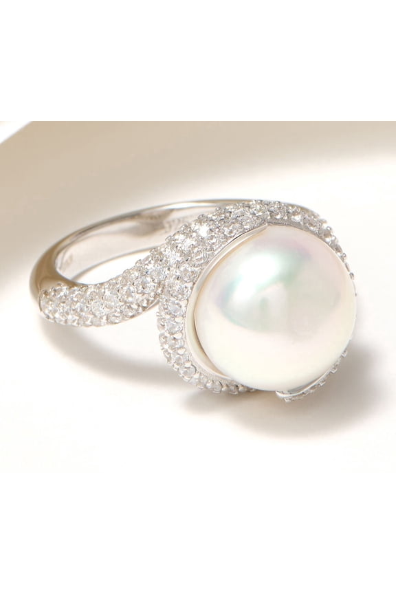 Sterling Silver Cubic Zirconia Wrapped Cultured Pearl Ring, Size 8