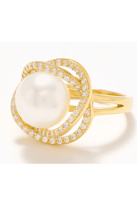 x Diamonique Gold Clad Sterling Silver CZ & Cultured Pearl Polished Ring Size 9