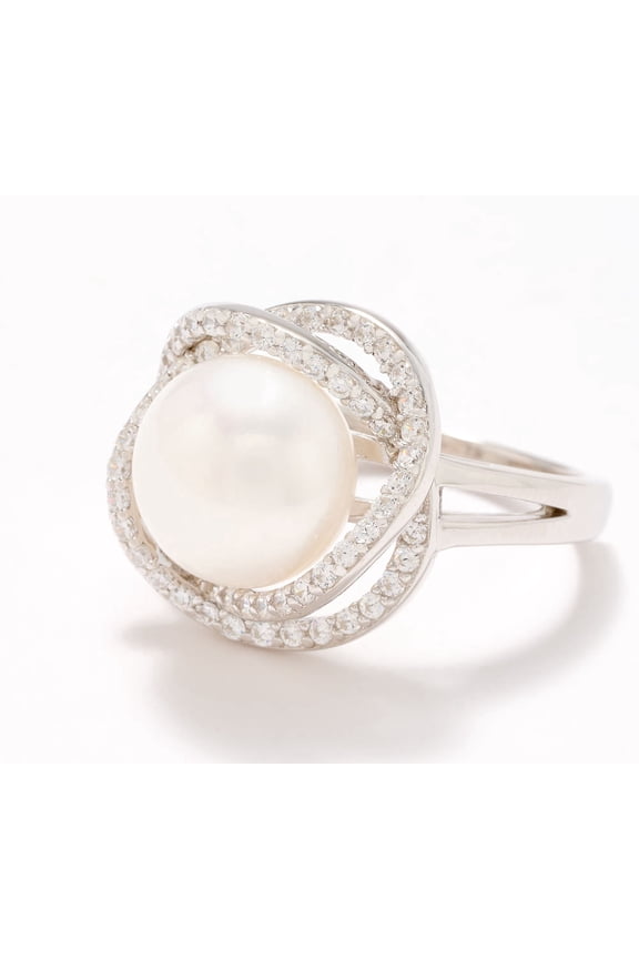 x Diamonique Sterling Silver CZ & Cultured Pearl Polished Ring, Size 5