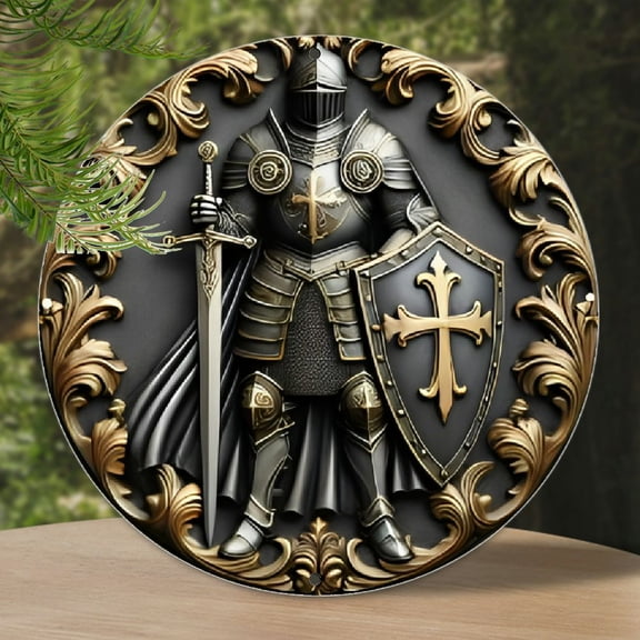 Honorable Knight Medieval Aluminum Wall Art, 8-Inch Round 2D Decorative Plaque, Aesthetic Circular Artwork, for Home, Bedroom, Living Room, Cafe Decor, Ideal Gift for Holidays