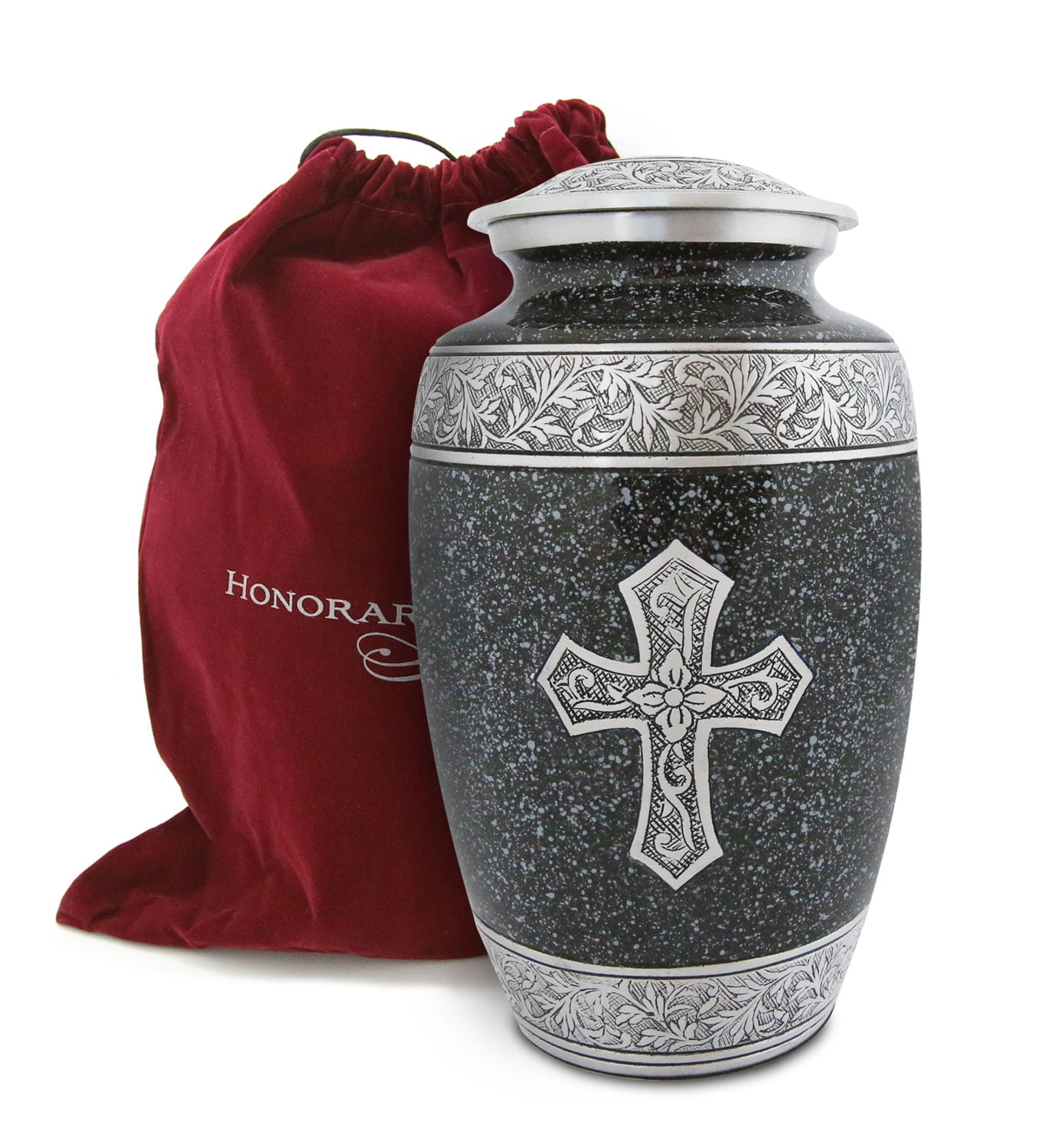Honorary Memorials Dark Marble Sacred Cross Cremation Urn for Human Ashes - Handmade Cremation Urn - Adult Size Burial Urn - Velvet Bag for Urn Included