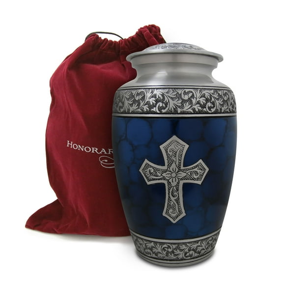 Honorary Memorials Sacred Cross Cremation Urn for Human Ashes - Handmade Cremation Urn - Adult Size Burial Urn - Velvet Bag for Urn Included